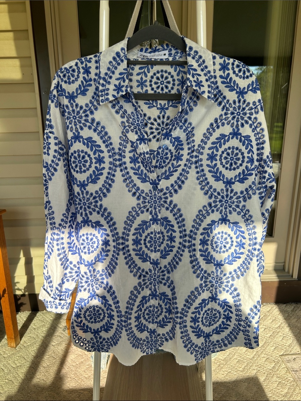Zara White Shirt with Blue Eyelet Design